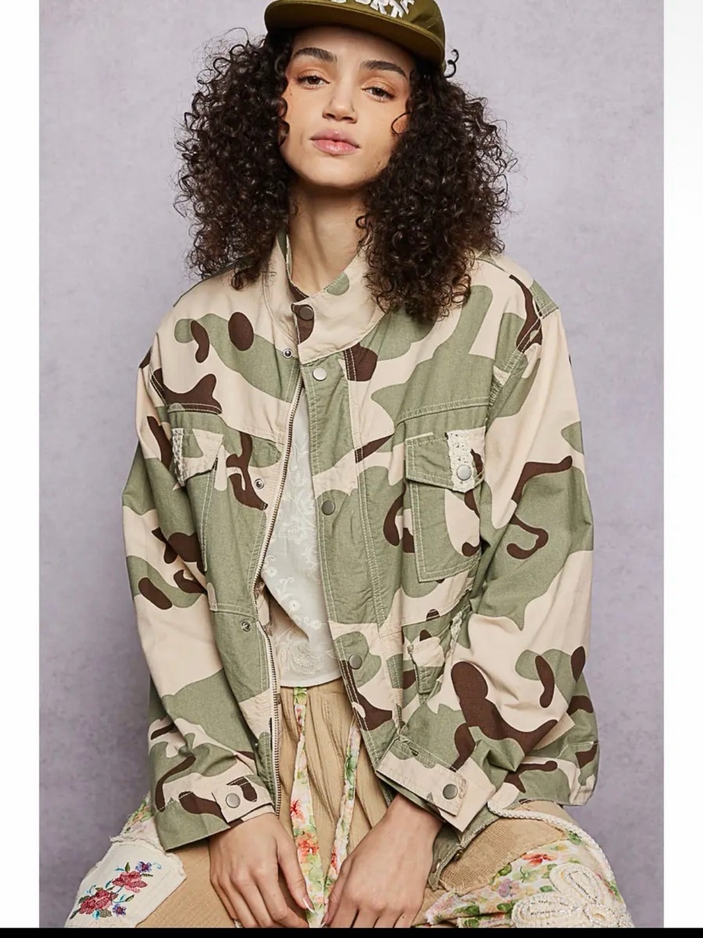 POL NWT Lightweight Adjustable Hem Jacket Cream Olive Camo FALL WINTER Women’s